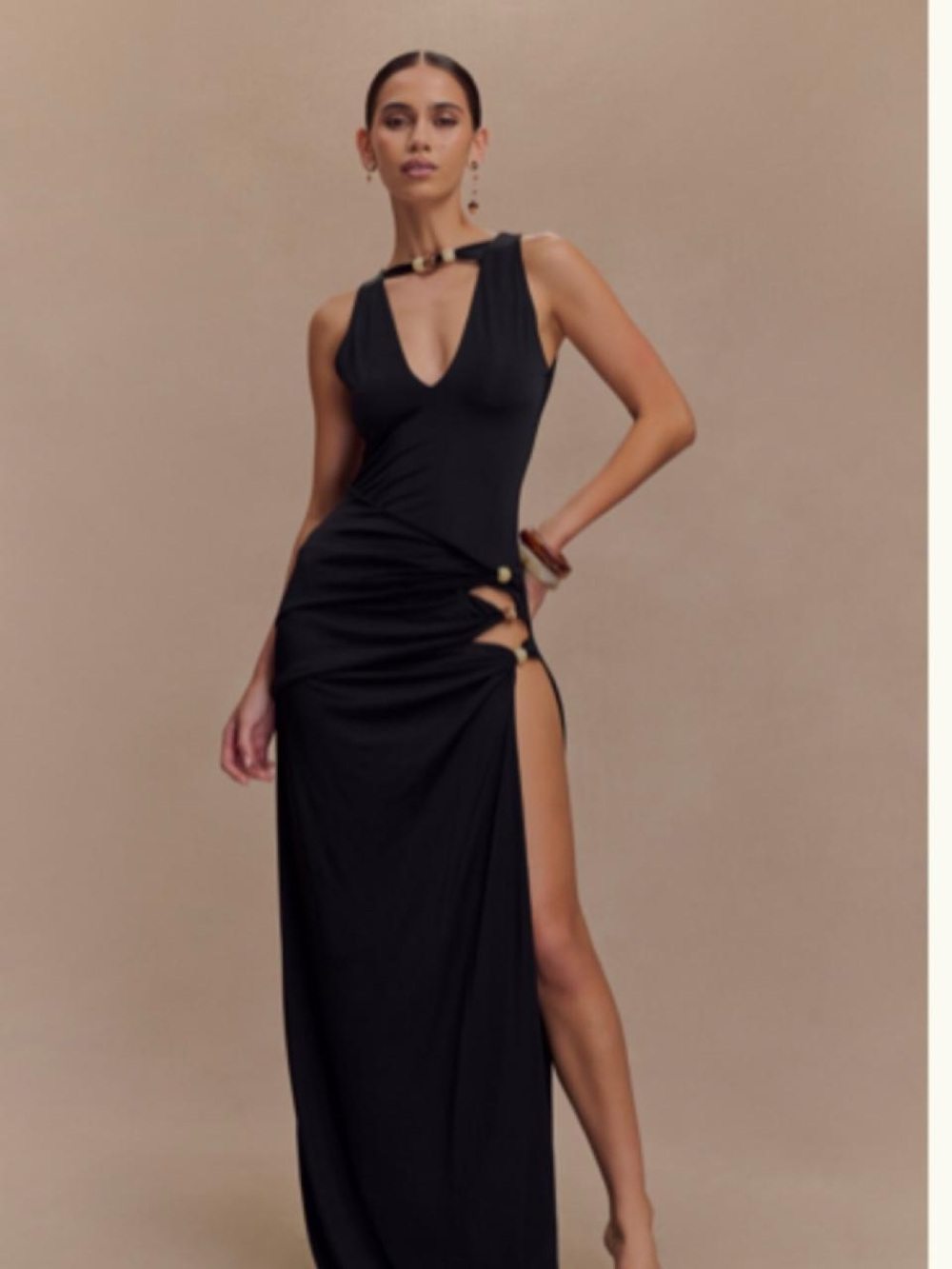 MESHKI Black Cutout Evening Gown with Side Slit
